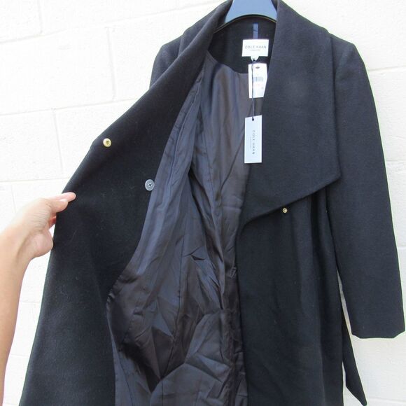 Cole Haan Wool Blend Wrap Coat Black SZ 10 - Picture 6 of 8